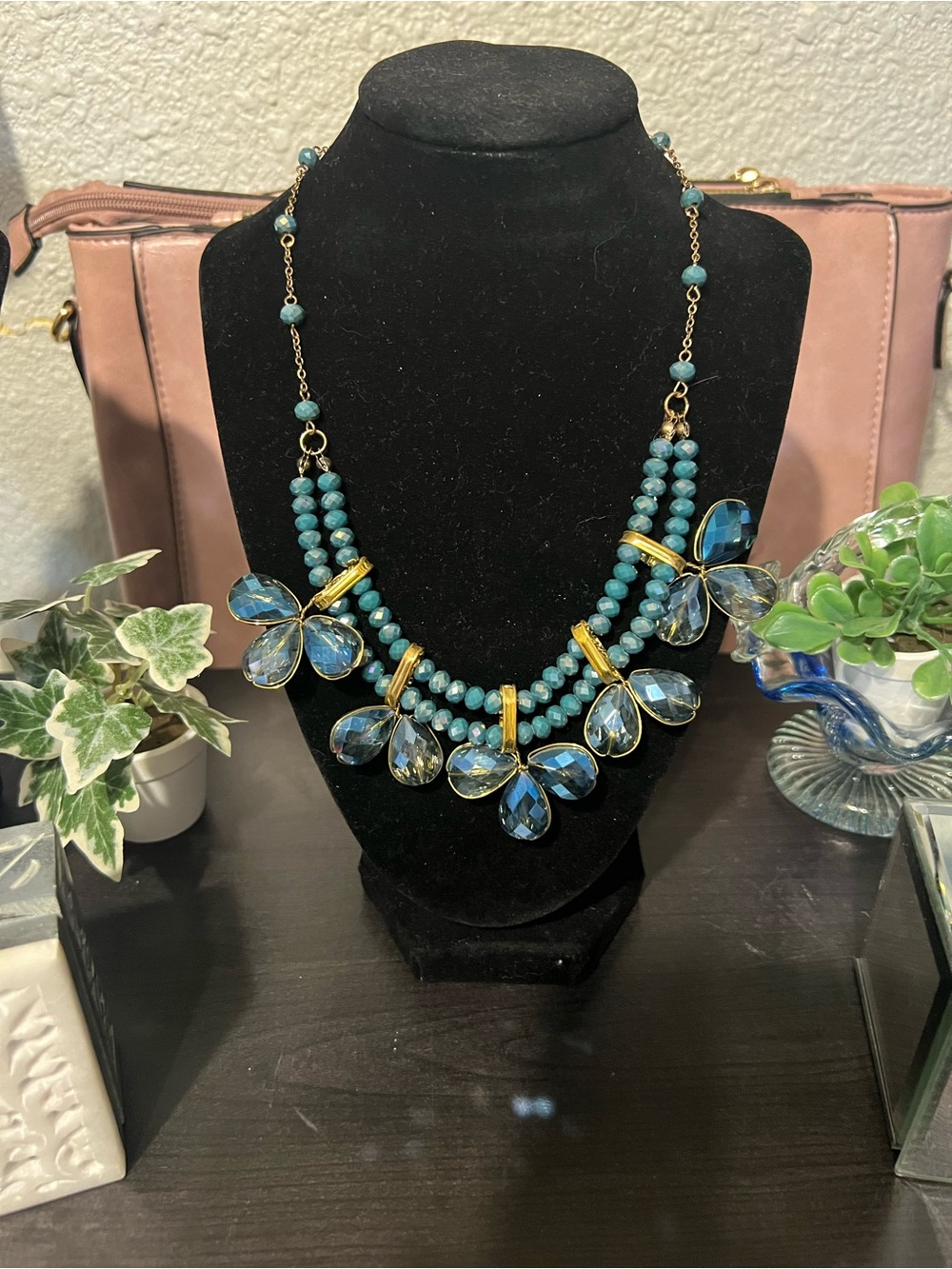 Necklace in Blue and Gold Floral
